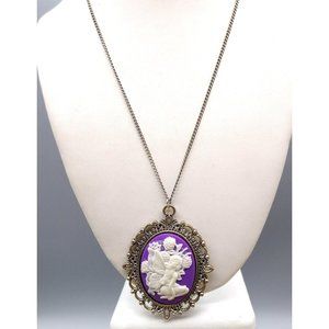 Vintage Purple Fairy Pendant Necklace, Floral Nature Pixie Oval in Silver Tone
